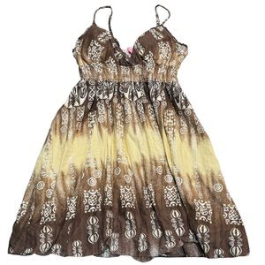 She's Cool Brown Yellow Tribal Print Cotton Smocked Boho Sun Dress Large pb2